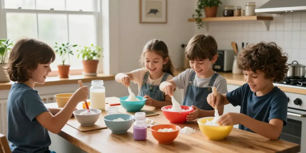 پودر بوراکس در آشپزخانهای شاداب برای ساخت اسلایم با خانواده