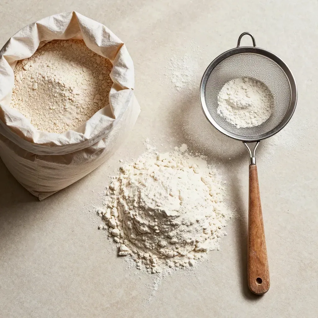 Overhead flatlay of whole wheat flour bag, sieve, spoon and settled flour on pale stone.