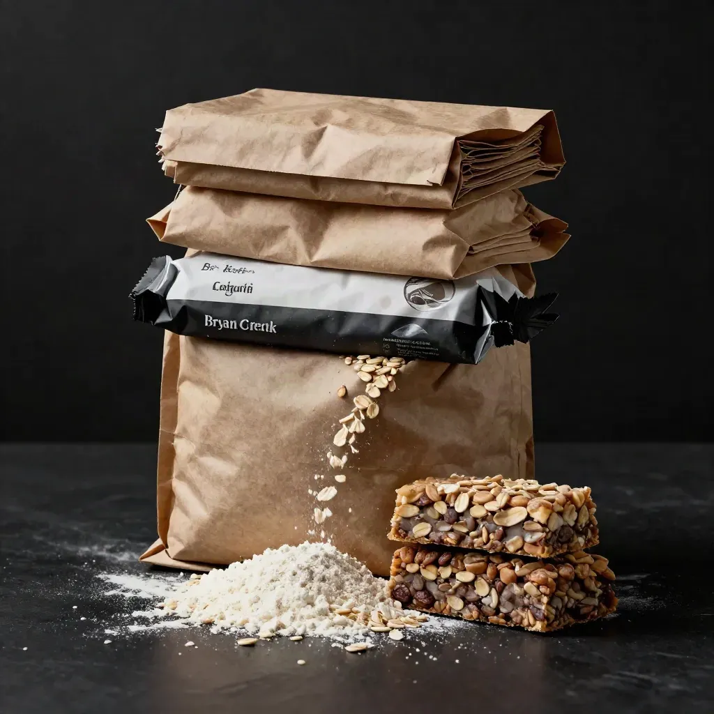 Country baking pack stack with flour, cereal, mix, and bars on matte black.