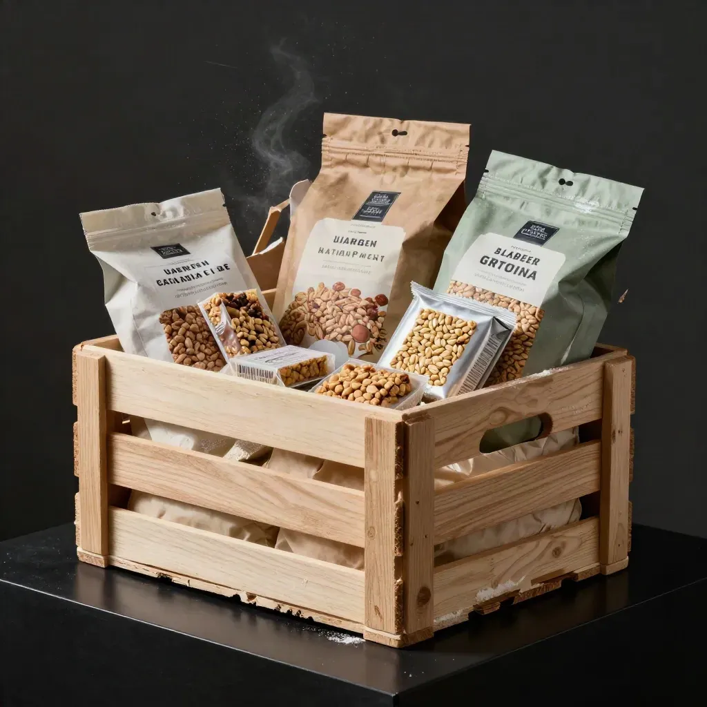 Open baking bundle in a crate with flour, mixes, cereal, and bars glowing on a dark studio surface.