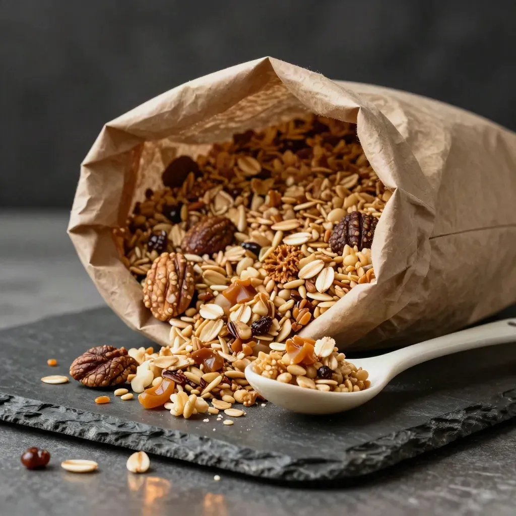 Brown granola bag spilling clusters beside a cream spoon on dark stone