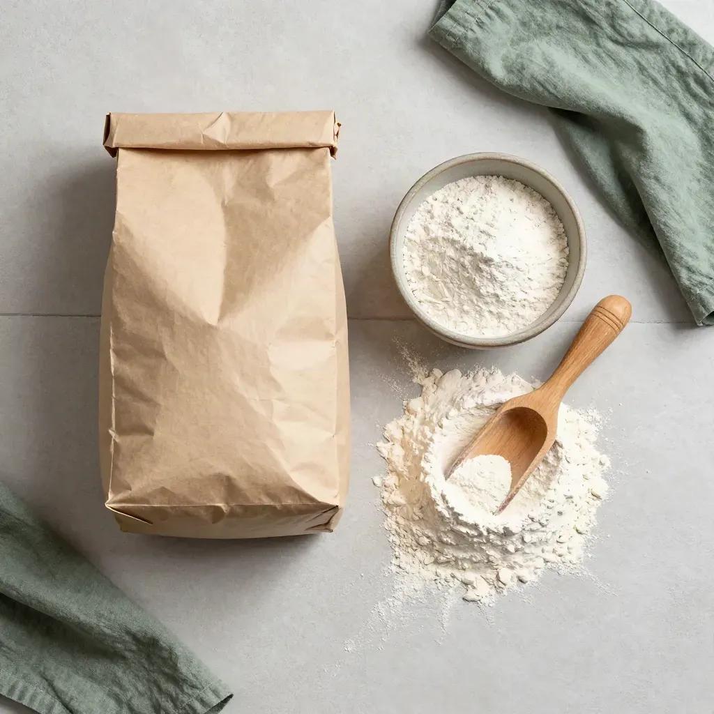 Top-down flour bag flatlay with bowl, scoop, and sifted flour ring on stone