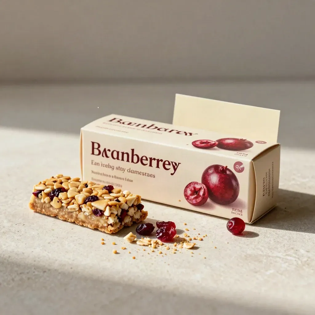 Cranberry breakfast bars box with a broken bar, cranberries and oat crumbs on pale stone.