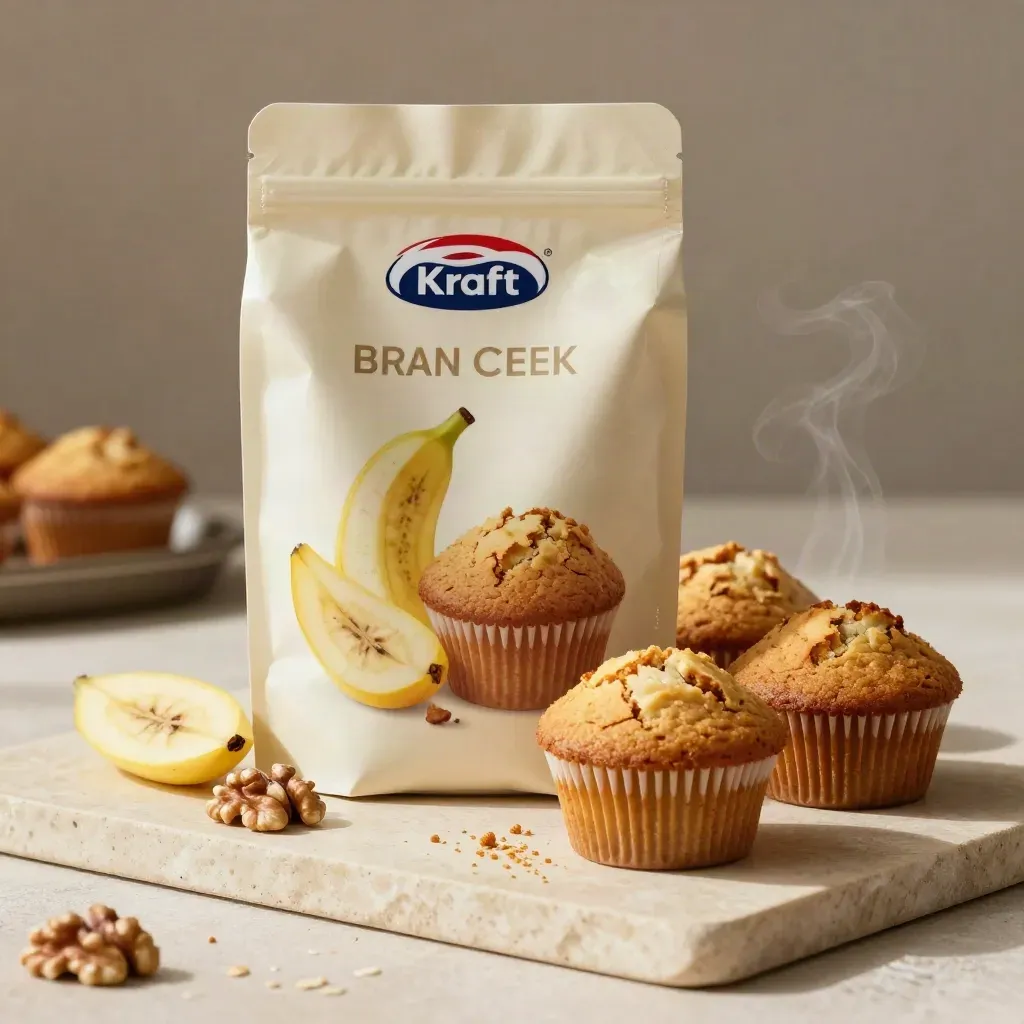 Banana nut muffin mix pouch with rising muffins, banana halves, and walnuts on a cream stone slab.