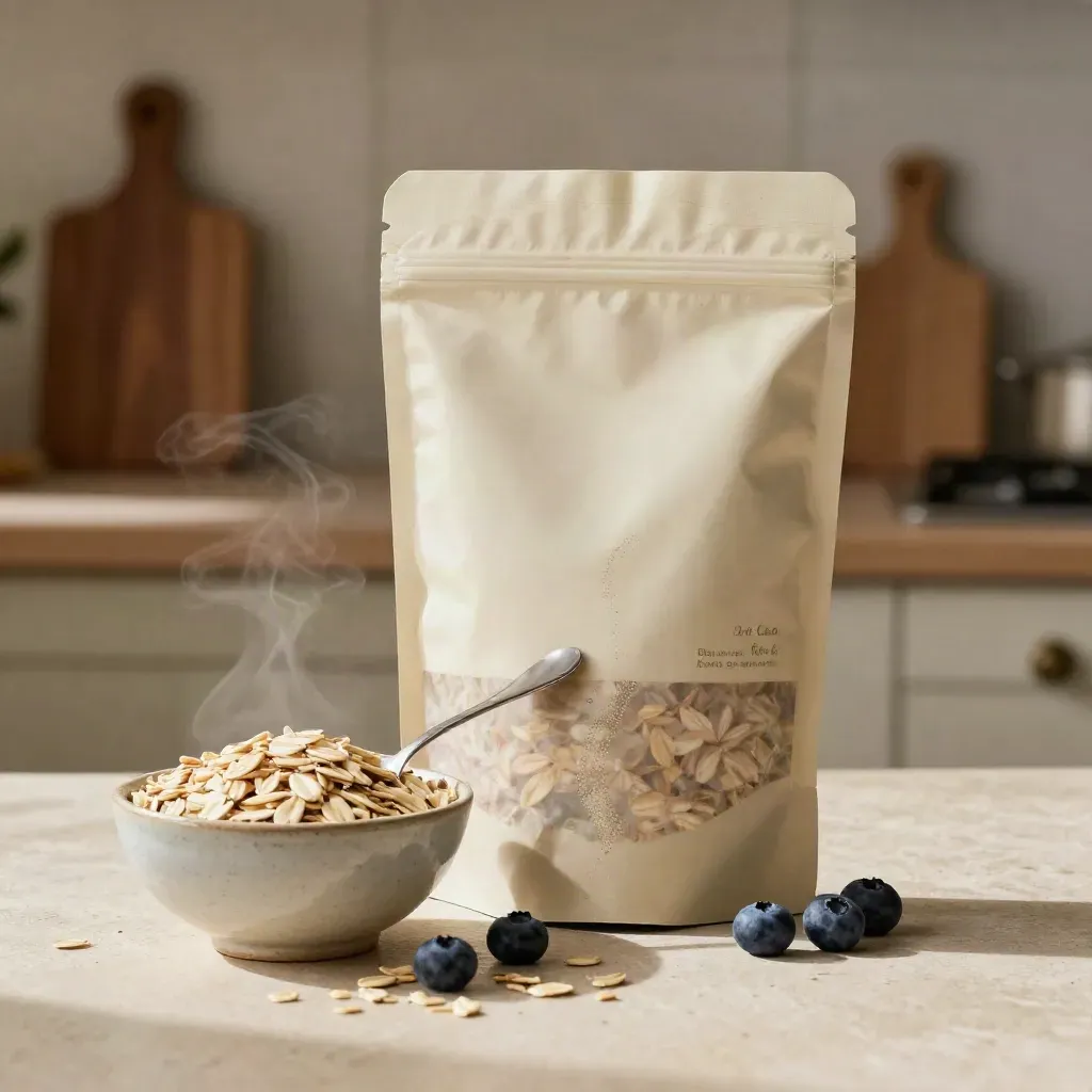 Blueberry oat mix pouch beside a ceramic bowl with lifted spoon and scattered oats.
