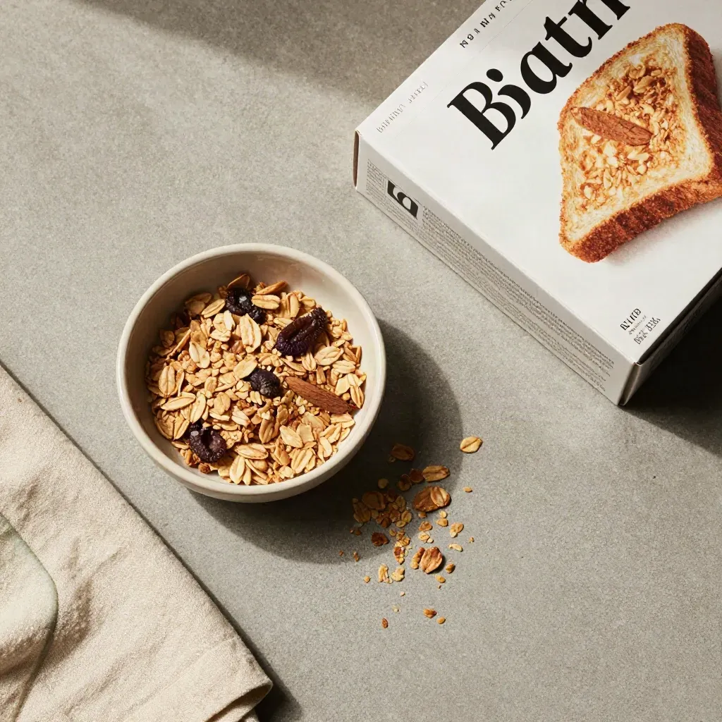 Overhead flatlay of toasted bran cereal box, bowl of flakes, crumbs, and falling flakes on concrete.